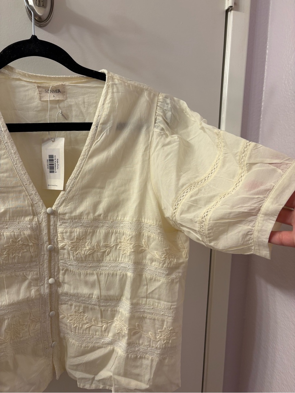 Sonmer Boho Embroidered V-Neck Short Sleeve Top - Cream Kala Ecru Small - Picture 3 of 7